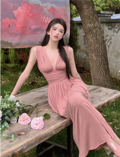 Ruffled Dress Pink Summer V-neck