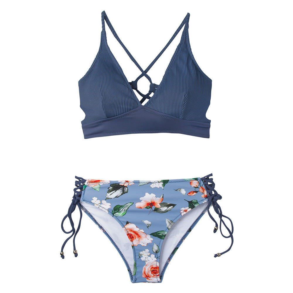 Printed Gray-Blue Lace-Up Halter Swimsuit