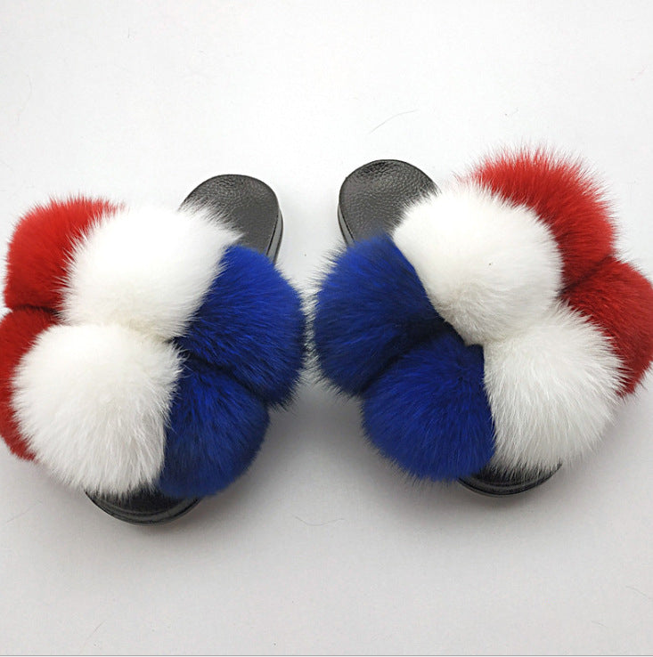 Wearing European And American Fashion Home Flat Color Fur Slippers Women