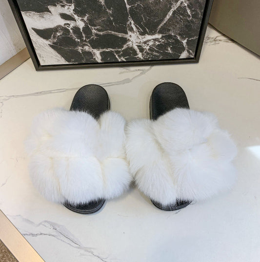 Wearing European And American Fashion Home Flat Color Fur Slippers Women