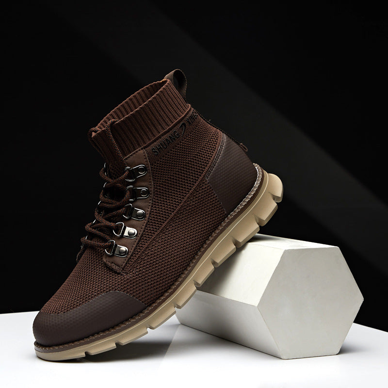Autumn And Winter New Fashion Flying Woven Martin Boots European Station Large Casual Men'S Shoes High Top Knitted Tooling Boots