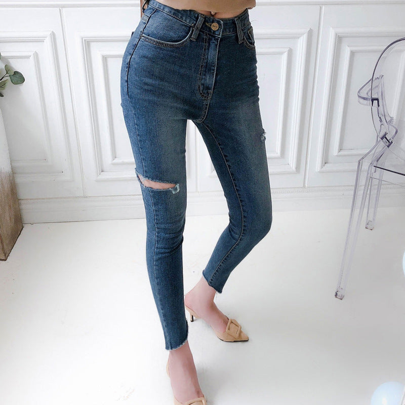 Temperament Ripped Trousers Pencil Pants Skinny Low Waist Jeans