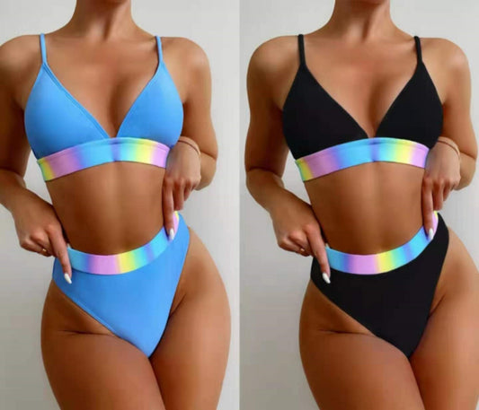 Bikini Women's Solid Color Mixed Color Striped High Waist Split Swimsuit