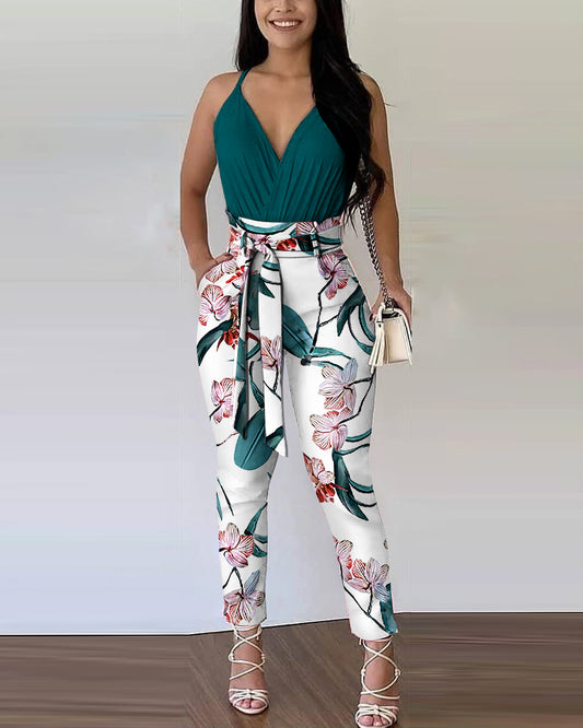 Ladies European And American Contrast Print Two Piece Suit