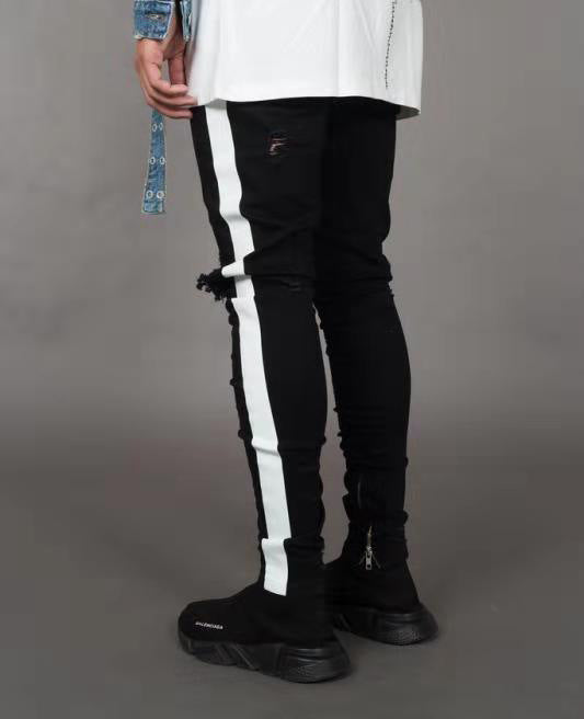 Trendy Men's Ripped Jeans Knee Holes Skinny Slim Fit Denim Pants Destroyed Frayed Trousers Fashion Design Side Stripe Black Jean