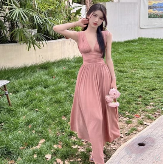 Ruffled Dress Pink Summer V-neck