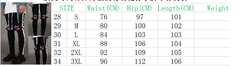 Trendy Men's Ripped Jeans Knee Holes Skinny Slim Fit Denim Pants Destroyed Frayed Trousers Fashion Design Side Stripe Black Jean