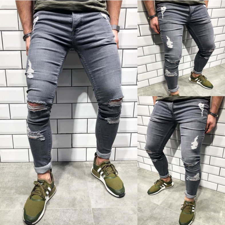 Trendy Men's Ripped Jeans Knee Holes Skinny Slim Fit Denim Pants Destroyed Frayed Trousers Fashion Design Side Stripe Black Jean