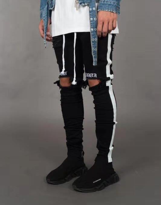 Trendy Men's Ripped Jeans Knee Holes Skinny Slim Fit Denim Pants Destroyed Frayed Trousers Fashion Design Side Stripe Black Jean