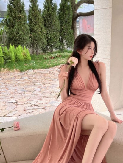 Ruffled Dress Pink Summer V-neck
