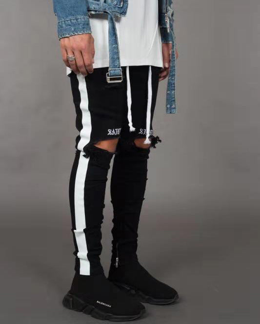 Trendy Men's Ripped Jeans Knee Holes Skinny Slim Fit Denim Pants Destroyed Frayed Trousers Fashion Design Side Stripe Black Jean