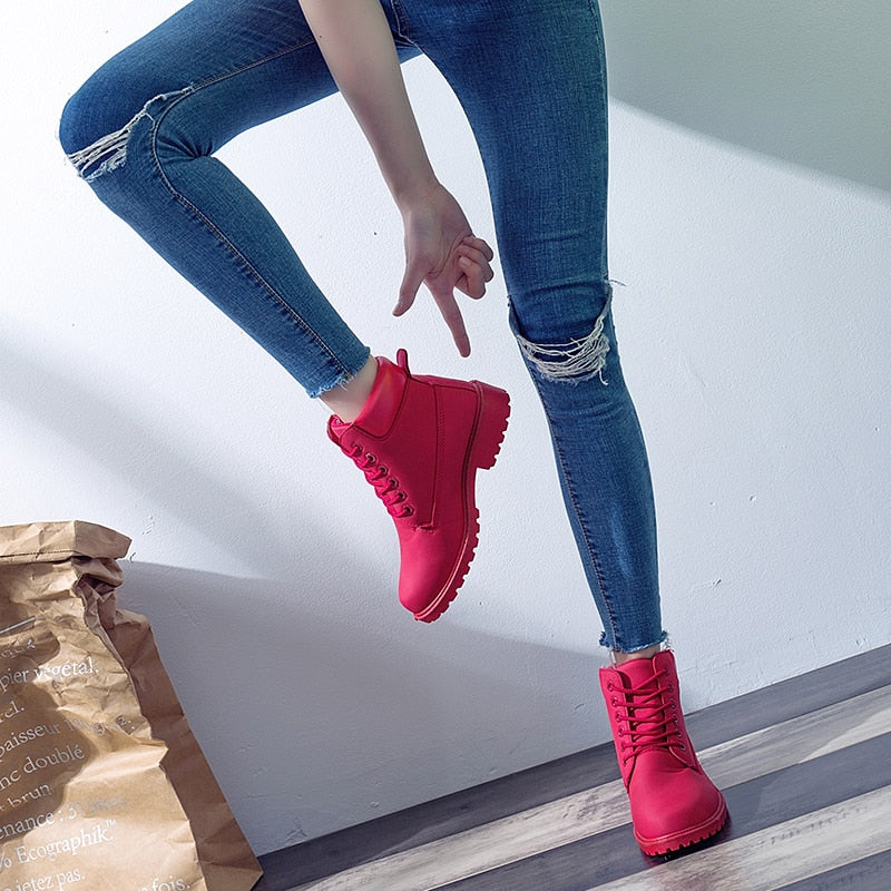 Single boots female PU boots female flat bottom large size pink Martin boots female short boots