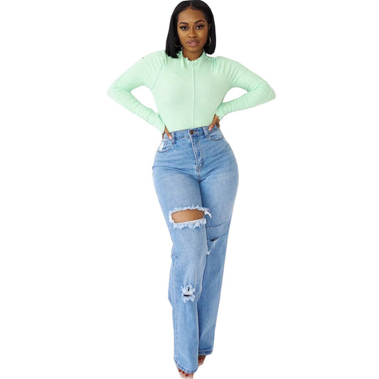 Fashion Personality Hole Stretch Versatile Straight Trousers