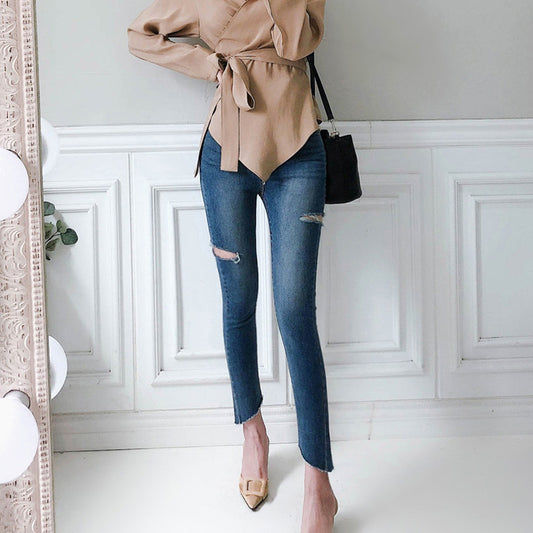 Temperament Ripped Trousers Pencil Pants Skinny Low Waist Jeans