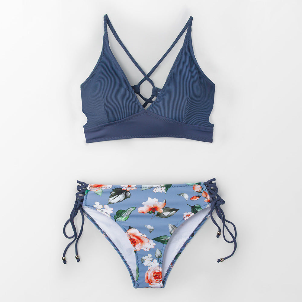 Printed Gray-Blue Lace-Up Halter Swimsuit