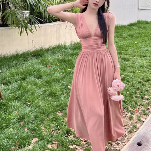 Ruffled Dress Pink Summer V-neck