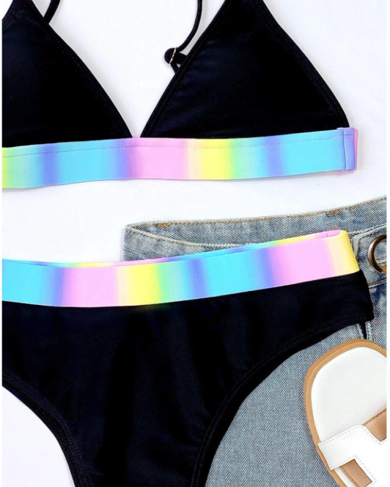 Bikini Women's Solid Color Mixed Color Striped High Waist Split Swimsuit