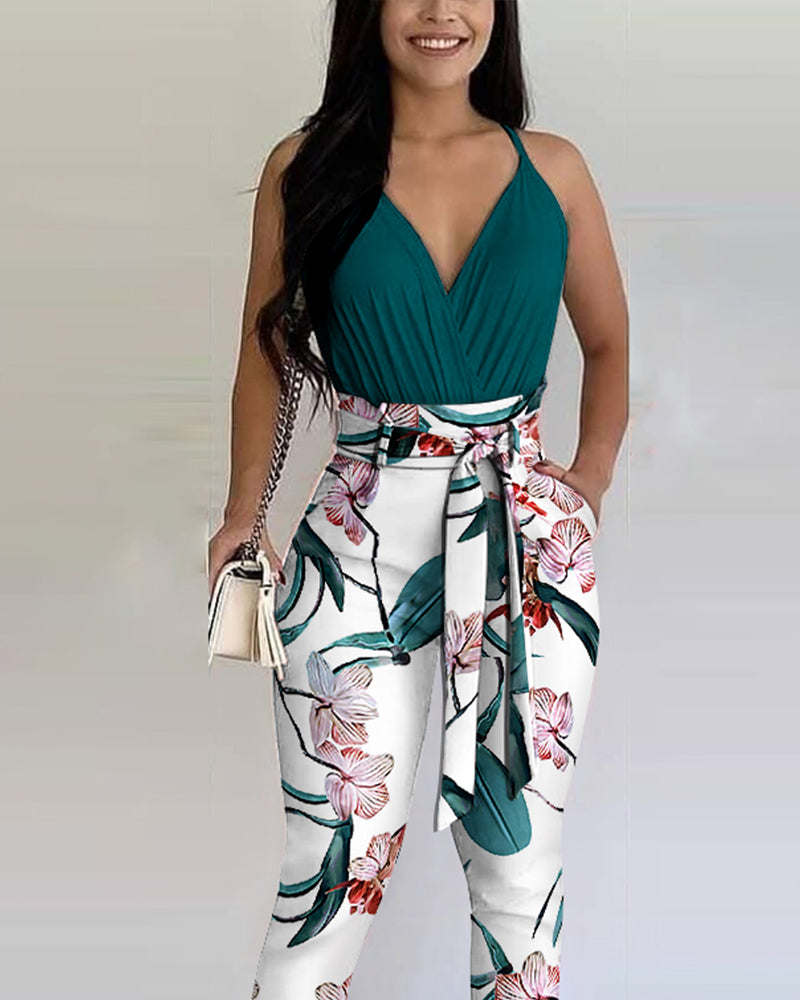 Ladies European And American Contrast Print Two Piece Suit