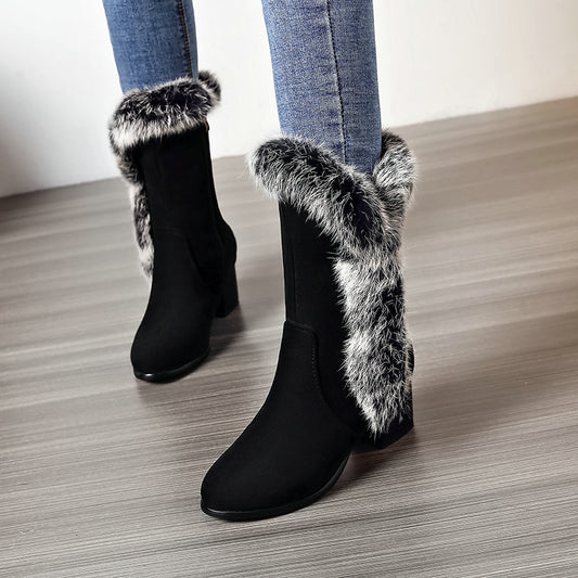 Suede rabbit fur mid-tube snow boots