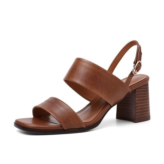 Sheepskin Wood Grain Chunky Heel Square Toe Buckle Sandals