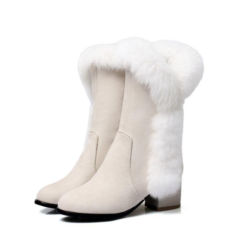 Suede rabbit fur mid-tube snow boots